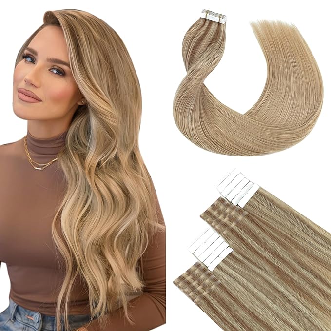 SURNEL 20inch Tape in Hair Extensions Balayage Golden Brown Highlighted Fading to Golden Blonde Human Hair Tape in Extensions 20 Pcs 50g(#10/16/16-20)