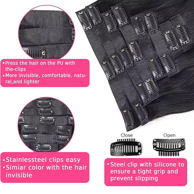Seamless Body Wave PU Clip In Hair Extensions Real Human Hair Invisible PU Weft Clip Ins 100% Unprocessed Human Hair Extensions 8pcs with 18Clips Per Set 120g(26inch,Natural Black)