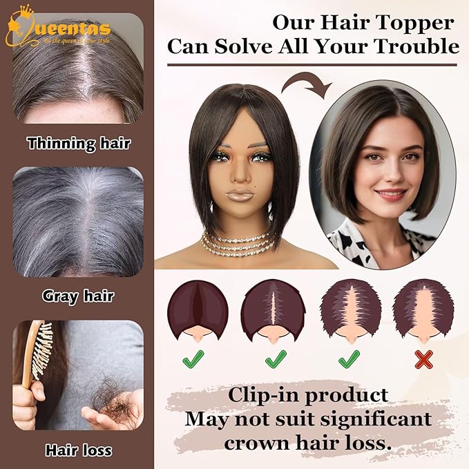 QUEENTAS Brown Hair Topper for Women with Thinning Hair Pieces 6"*6"Large Coverage 360°3D Cover Silver Synthetic Short Bob with 5 Clips in Wiglets(Brown)
