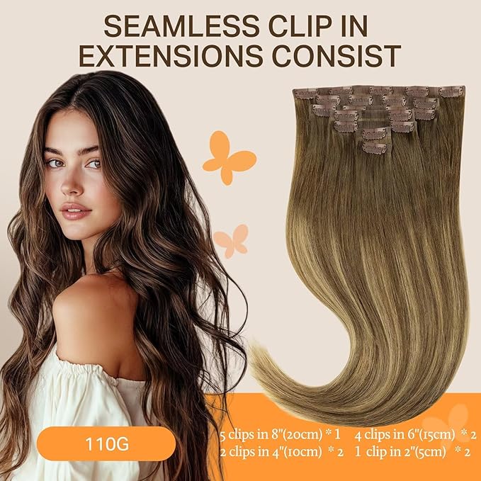 DOORES Seamless Clip in Hair Extensions Real Human Hair, Medium Brown Highlighted Dirty Blonde 18 Inch 110g 7pcs, Human Hair Extensions Skin Weft Remy Straight Hair Invisible Edge Hair Extensions