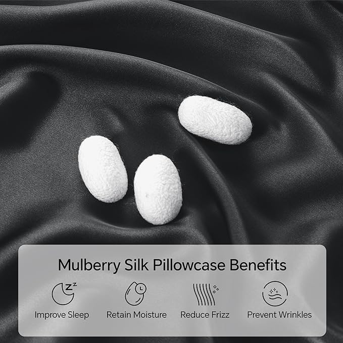 INFIIXSO Mulberry Silk Pillowcase for Hair and Skin, Silk Pillow Cases Queen Size with Hidden Zipper 20x30 Inches, Extraordinary Smooth and Soft Cooling Pillow Cases for Hot Sleepers(Black, 1 Pack)