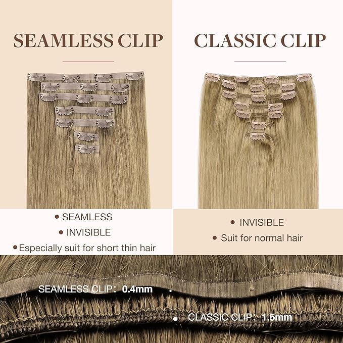 GOO GOO Clip in Hair Extensions Real Human Hair, Remy Human Hair Extensions Clip ins for Women, Natural Human Hair, 22inch 110g 7Pcs, 7 Bronde