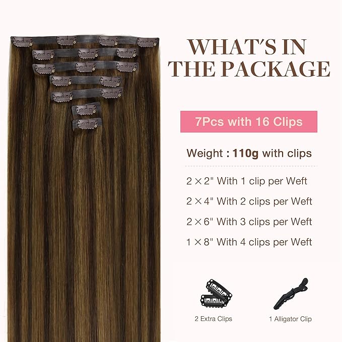 GOO GOO Clip in Hair Extensions Real Human Hair, Remy Human Hair Extensions Clip ins for Women, Natural Human Hair, 18inch 110g 7Pcs, 2C/4E/6C Brown Sugar Swirl Highlights