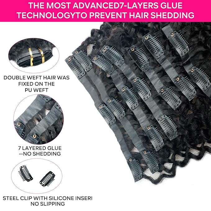 Seamless Curly Clip in Hair Extensions Real Human Hair Brazilian Virgin Human Hair Clip in Extensions 8Pcs Seamless Clip ins for Black Women with 18Clips PU Skin Weft 120g 26inch Natural Black