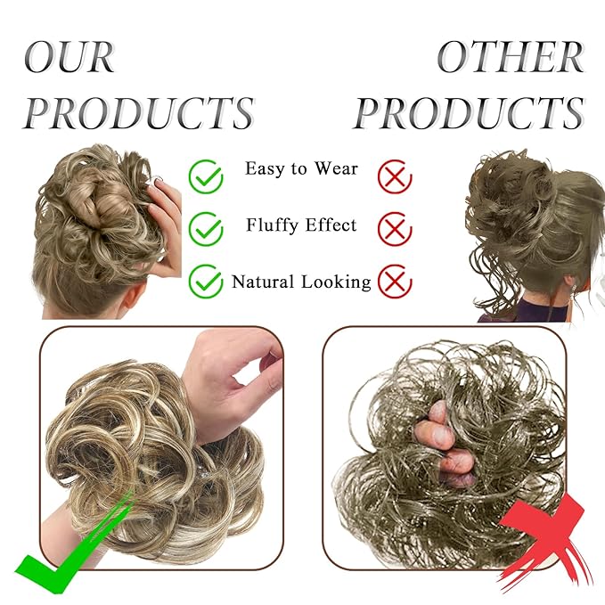 Large Messy Bun Hair Piece Curly Synthetic Extensions Scrunchies Fake Chignon Updo Hairpieces for Women Natural Blonde Highlights