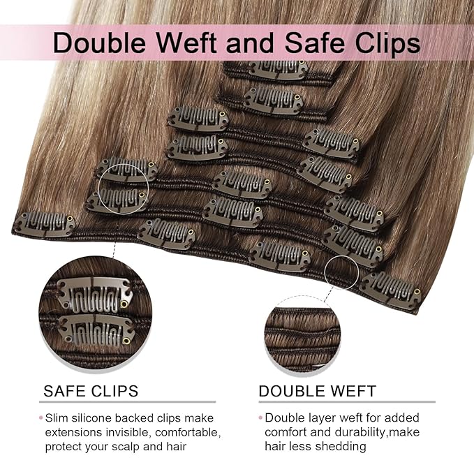 Pro2.0 Remy Real Human Hair Extensions Clip ins 120g Thick 7pcs Color #8/60 Ash Brown to Platinum Blonde Remy Clip in Hair Extensions Real Human Hair 16inch Double Weft（#8/60-16inch）