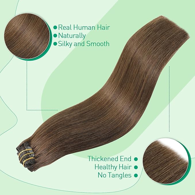 Clip in Human Hair Extensions, Chocolate Brown 160g 7pcs 22 Inch, SURNEL Clip in Hair Extensions Real Human Hair Straight Thick Hair(#4-22'')