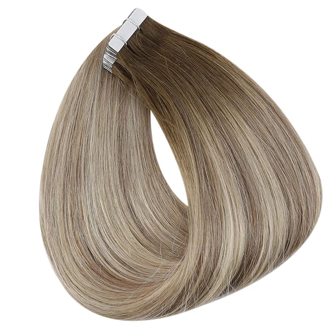 Full Shine Ombre Tape in Hair Extensions Human Hair 20Inch Brown to Blonde Highlighted Invisible Hair Extensions Real Human Hair Tape in 20Pcs 50Grams Seamless Skin Weft Hair Add Length
