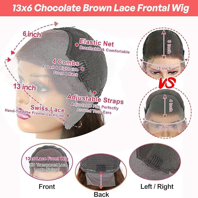 13x6 Body Wave Lace Front Wigs Human Hair Chocolate Brown Wig Human Hair Pre Plucked With Baby Hair 180 Density 4# Colored Brown HD Lace Frontal Wigs for Women 28Inch