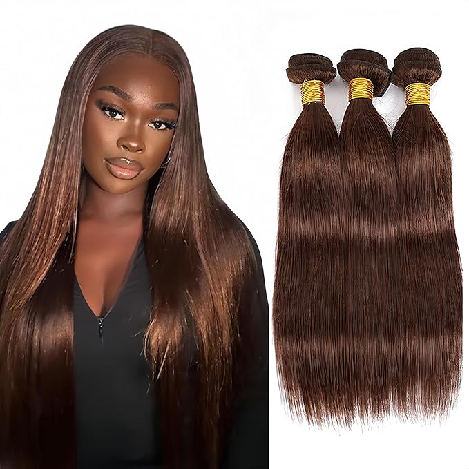 Color 4 Straight Bundles Human Hair Chocolate Brown Bundle Niegmeag Brazilian Virgin Remy Hair 3 Bundles 12 14 16 Inch Double Weft Brown Straight Bundle Hair Weave 150g