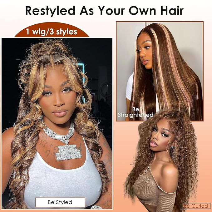 AMIRTY 250 Density Highlight Ombre 360 Lace Front Wig Human Hair Honey Blonde Body Wave HD Lace Front Wigs Human Hair Pre Plucked Brown 4/27 Colored Lace Frontal Glueless Wigs for Women 26 Inch