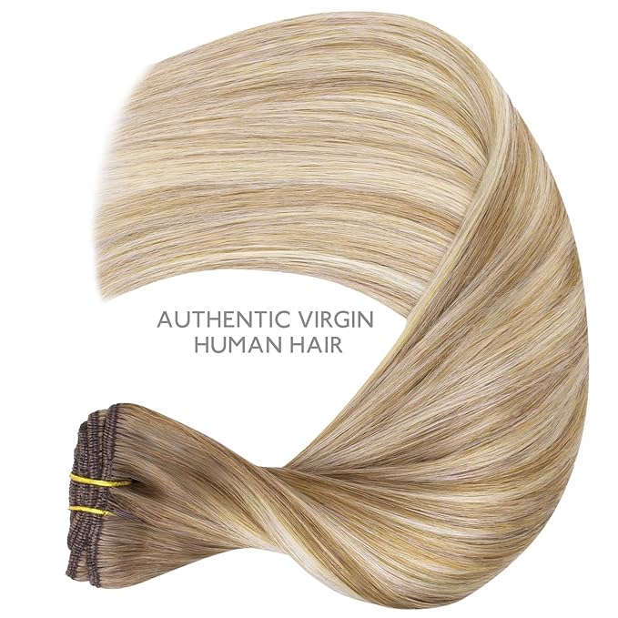 WENNALIFE Clip in Hair Extensions Real Human Hair, 24 Inch 120g 7pcs Balayage Dirty Blonde with Platinum Ends Remy Hair Natural Double Weft