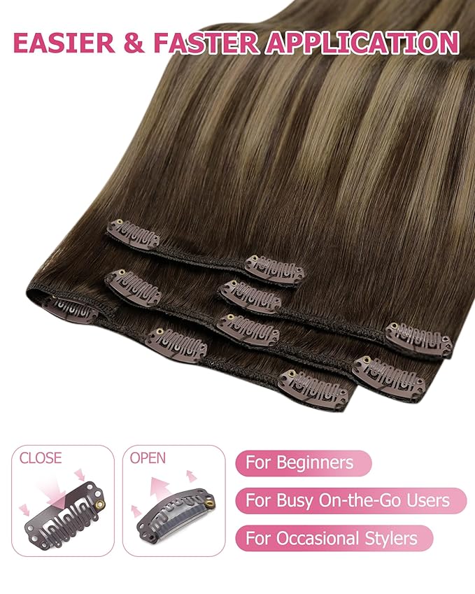 YoungSee 135g Clip in Extensions Real Human Hair Balayage Chocolate Brown Mix Caramel Blonde Invisible Clip in Brown Hair Extensions for Women Clip on Remy Hair Extension Straight 18Inch 7Pcs