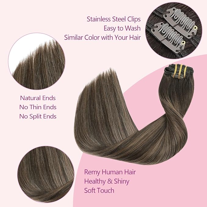 PINKPEARL Clip in Hair Extensions Human Hair Extensions, #2/6/2 Balayage Dark Brown to Chestnut Brown 120g 7pcs 16 Inch Real Human Hair Extensions Clip in Straight Remy Silky Weft(#2/6/2-16)