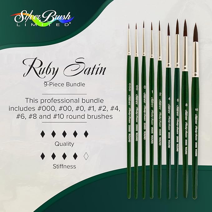 Silver Brush Limited RS-2599S Ruby Satin Short Handle Round Bushes with Stiffer Synthetic Feel, 9pc Premium Painting Set for Oil, Acrylic, and Heavy Body Paints, Sizes 3/0, 2/0, 0, 1, 2, 4, 6, 8, & 10