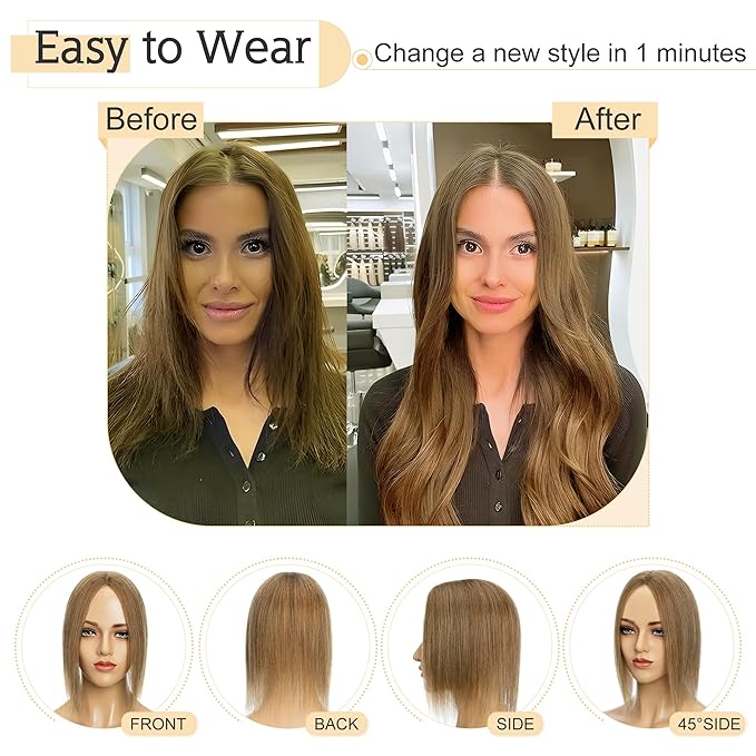 SEGO Human Hair Toppers for Women With Thinning Hair, 7 * 13CM Silk Base 100% Real Human Hair Clip in Top Wiglet Hairpieces -6 Inch No Bangs Light Brown
