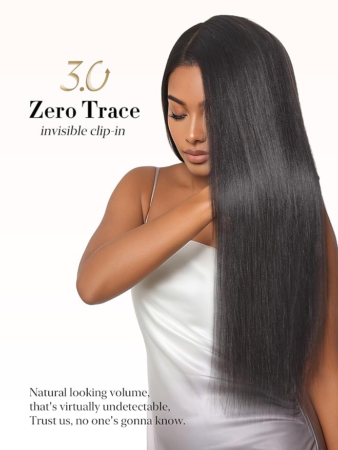 LUVME 0.59mm Zero Trace Invisible Clip in Hair Extensions, Yaki Straight 6 Pcs 100g 22 Inch, 100% Real Human Hair Clip Ins, Zero Trace Wide Wefts, Fast Clip In Routine for Office & Special Events
