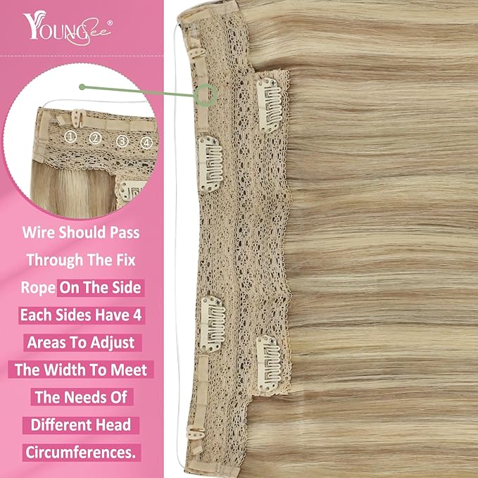 YoungSee Wire Hair Extensions Highlight Human Hair Wire Extensions Blonde Highlights Headband Hair Extensions Real Human Hair Golden Blonde with Light Blond Short Straight Hair 12Inch 70G