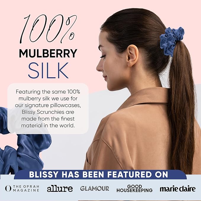 Blissy Silk Scrunchies (3 Pack) - 100% Pure Mulberry Silk - 22 Momme 6A High-Grade Fibers Scrunchie for Straight & Curly Hair - Preventing Breakage, Tangling, & Creasing (Blue Skinny)