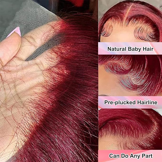 MEIMEI 200 Density 99J Burgundy Lace Front Wigs Human Hair Loose Wave 15A 13x4 Full Large Lace Space Frontal Wig Pre Plucked with Baby Hair Glueless Burgundy Loose Deep Wave Wigs 22 Inch