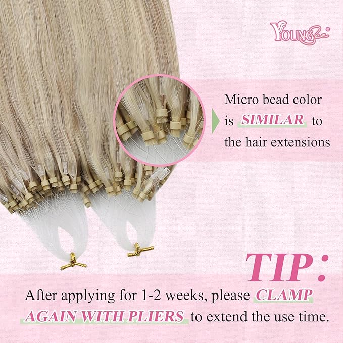YoungSee Micro Bead Hair Extensions Real Human Hair Blonde Microlink Hair Extensions Human Hair Blonde Highlighted Ash Blond Bead Hair Extension 20Inch Pre Bonded Hair Extension for Wedding 50g 50s