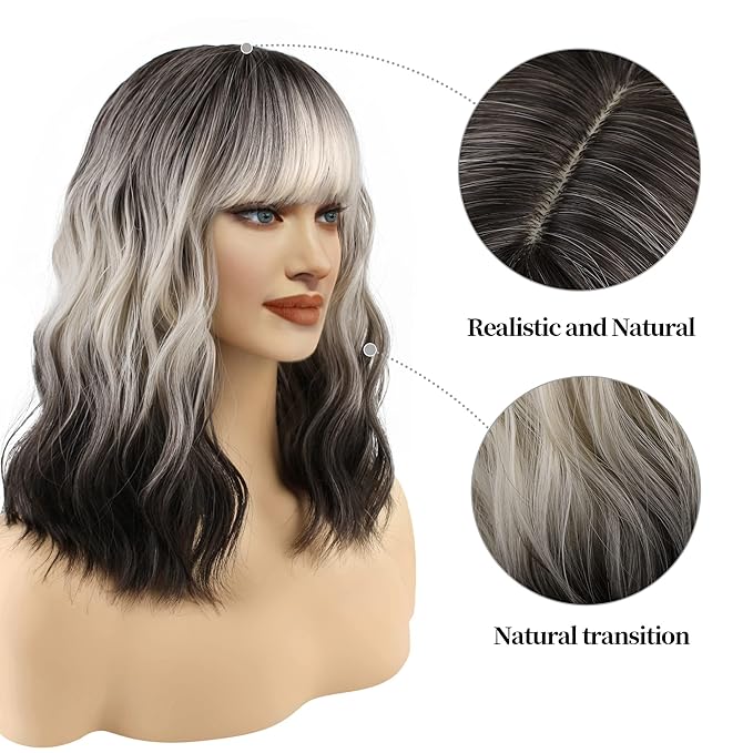 FAELBATY Short Brown Ombre Grey Wig Short Wave Bob Wigs for Women With Bangs Shoulder Length Synthetic Cosplay Party Wig for Girls Costume Wigs (12" 60R)