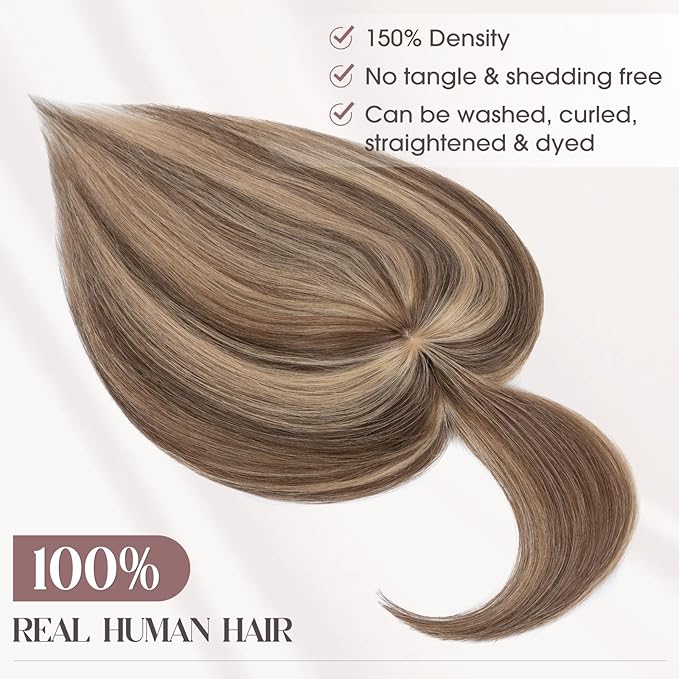 MY-LADY Human Hair Toppers for Women Real Human Hair with Bangs Thin 8.5 * 8.5CM Mono Base Clip in Remy Hairpieces Light Weight 12 Inch Medium Brown Mixed Dark Blonde