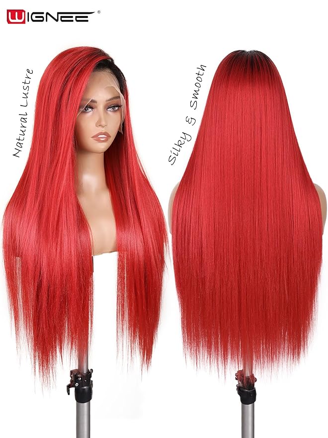 WIGNEE 13x6 Synthetic Lace Front Wig 28" Long Straight Wig Red Kanekalon Futura Synthetic Wigs for Black Women Pre-Plucked Glueless Wig for Daily Party Use