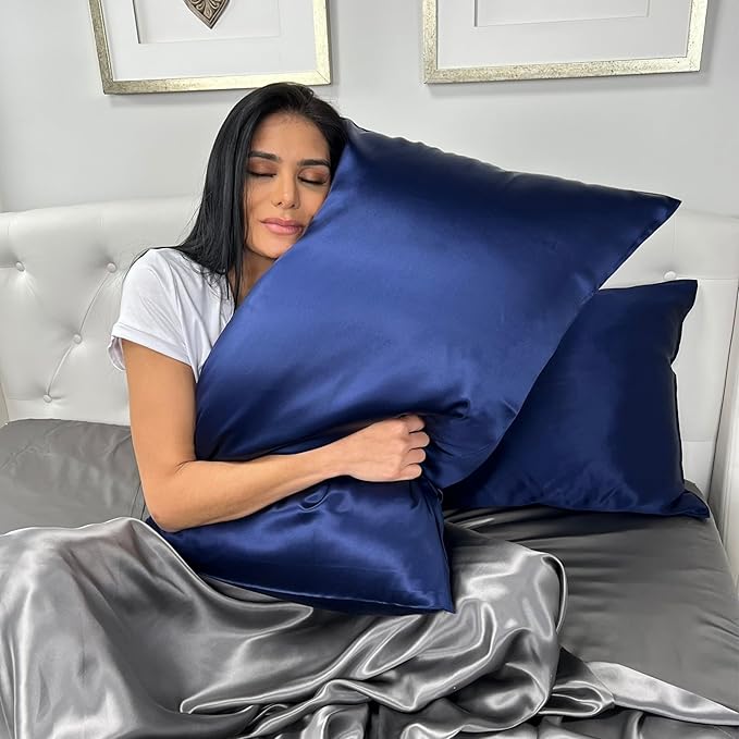 Mulberry Park 30 Momme 100% Pure Mulberry Silk Pillowcase - Luxury Charmeuse Weave for Hair and Skin, Cooling Silk Pillow Cover for Beauty Sleep - Queen Size 20"x30" / Navy