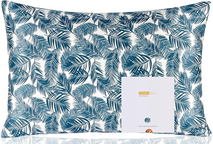ZIMASILK 100% Pure Mulberry Silk Pillowcase for Hair and Skin Health,Both Sides 19 Momme Silk Floral Print,1pc (Standard 20''x26'',Blue Leaves)