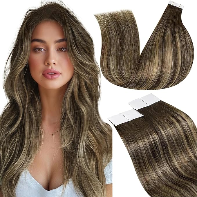 LaaVoo Human Hair Tape in Extensions Balayage Tape in Hair Extensions Human Hair Ombre Brown to Caramel Blonde with Brown 22 Inch 20pcs 50g