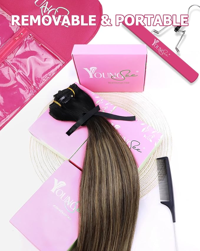 YoungSee 150G Ombre Black Hair Extensions Clip ins Balayage Clip ins Hair Extensions Human Hair Natural Black Roots to Brown with Caramel Blonde Real Hair Extension Clip in Human Hair 24Inch 7Pcs
