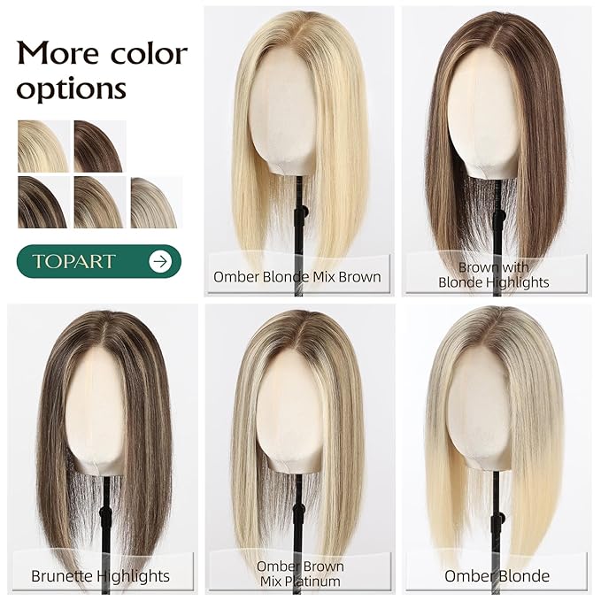 Full Hand Tied Hair Toppers for Women Remy Human Hair Lace Front Topper 14 Inch 6"×6" Partial wig Cover Thinning Hair or Loss No Bangs Top Hair Pieces (Ombre Brown Mix Platinum)