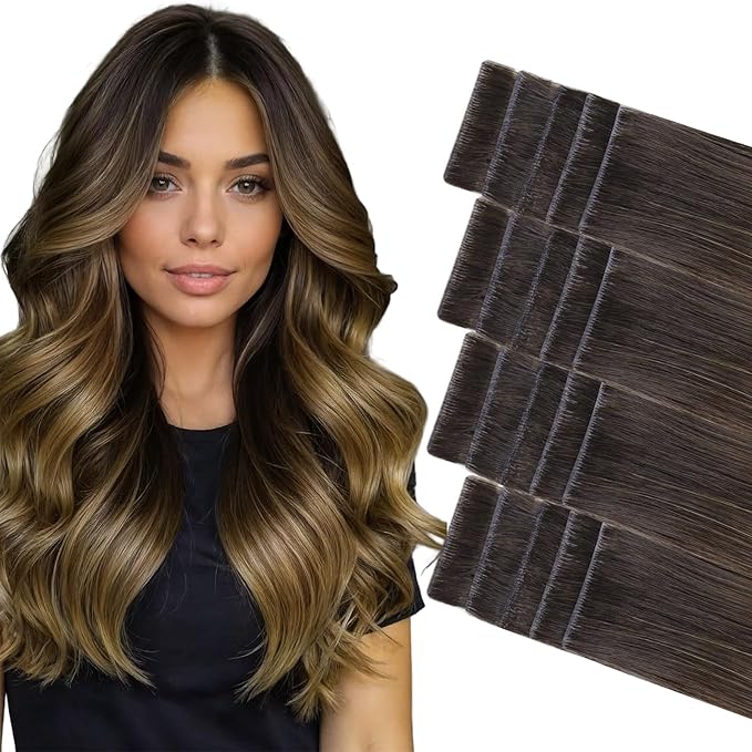 GOO GOO Invisi Edge Tape in Hair Extensions Human Hair, 1D/2C/4E Chocolate Dip Color Melt 20pcs 14inch 50g, Virgin Remy Hair, Seamless Injected Tape, Natural Look