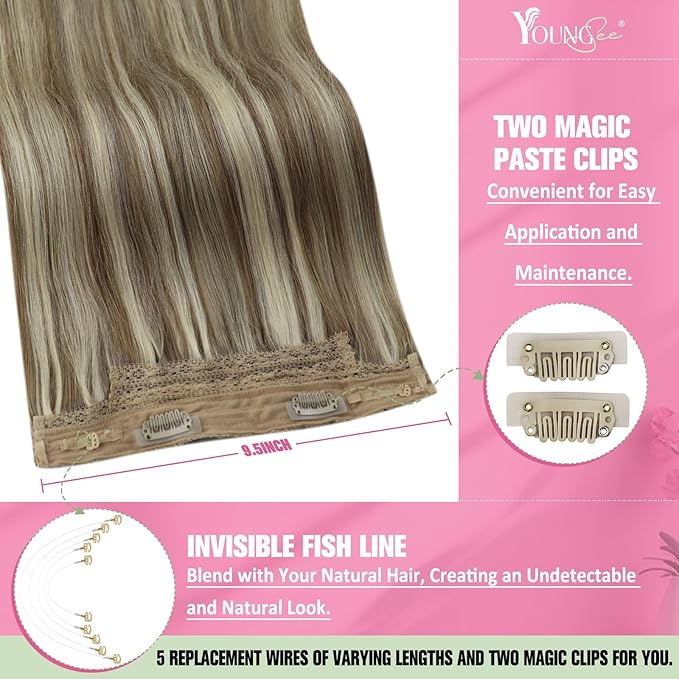 YoungSee Wire Hair Extensions Human Hair Light Brown Hair Extensions Wire Highlights Light Brown with Blonde One Piece Hair Extension Real Human Hair Dyable Remy Hair 18Inch 80G
