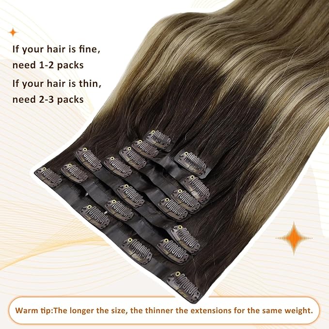 Full Shine Clip in Human Hair Extensions Balayage Dark Brown to Brown Mix Caramel Blonde Clip in Hair Extensions Softness Remy Hair 14 Inch 8 PCS 120 Grams