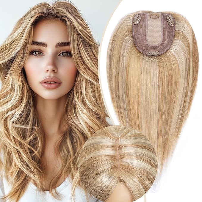Rich Choices Hair Toppers for Women Real Human Hair 100% Human Remy Toppers NO Bangs with Thinning on Top Clip in Hairpiece 4"x4.7"Lace Base 6 Inch #12P613 Golden Brown Highlights Bleach Blonde