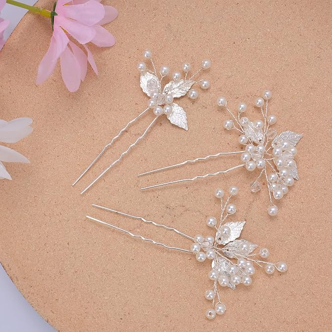 Bridal Hair Accessories, Beusoulover 3 Pieces Silver Hair Pins for Women Wedding, Bridesmaid, Flower Girl, U Shaped Bridal Flower Rhinestone Pearl Hair Pins Hair Vine Hair Piece (Silver)