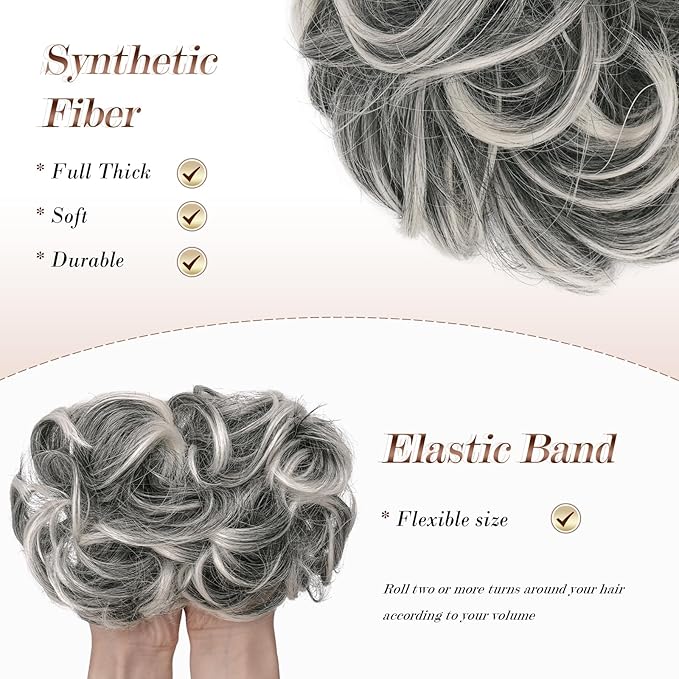 FESHFEN Messy Bun Hair Pieces - Large Wavy Curly Elastic Hair Bun Scrunchies Ponytail Extensions Synthetic Chignon Hairpieces for Women, Black Gray and White Tips 1.94oz