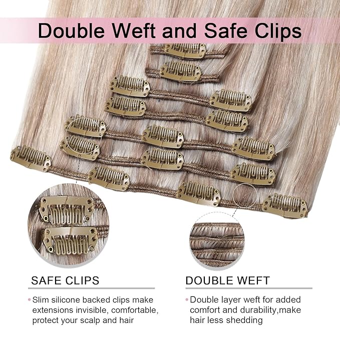 Pro2.0 Remy Clip in Extensions Real Human Hair Color #18p1000 Ash Blonde with Bleach Blonde Remy Clip in Hair Extensions Real Human Hair 18inch 120g Thick 7pcs Double Weft（#18P1000-18inch）