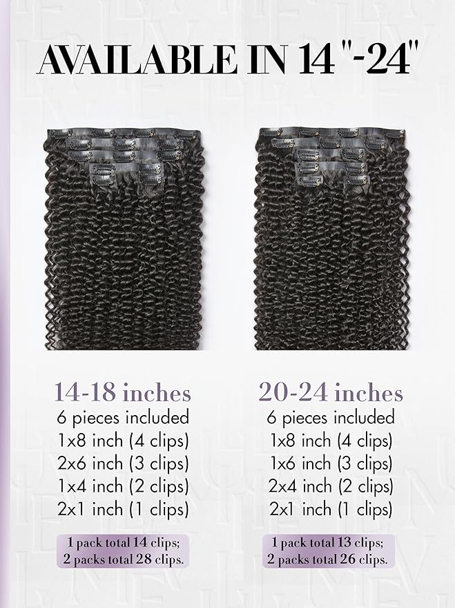 LUVME Invisible Clip ins Hair Extensions Deep Kinky Curly Real Human Hair Remy Hair Clip ins for Women, Natural Human Hair, 24 inch 110g 6Pcs, Natural Black
