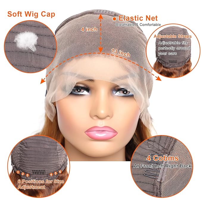 13x4 HD Body Wave Highlight Ombre Lace Front Wig Human Hair Pre Plucked 4/27 Honey Blonde Lace Frontal Wig For Women with Baby Hair 200% Density Glueless Body Wave Colored Lace Front Wig 18 Inch