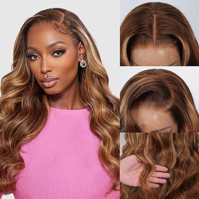 SKINLIKE HD Lace 13x4 Full Frontal Lace Wig 4/27 Honey Blonde Highlight Ombre 0.10mm Ultra-thin Invisible Swiss Lace Front Wigs Body Wave Lace Frontal Wigs Human Hair Pre Plucked Bleached Tiny Knots