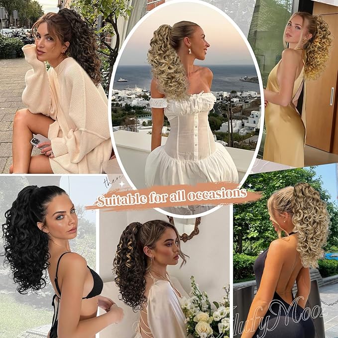 Flufymooz 100％ Pure Protein Ponytail Extension, 18 Inch Curly Claw Clip Ponytail Hair Extensions Natural Soft pony tail hairpiece for women-Deep Blonde with Ash Blonde Highlights