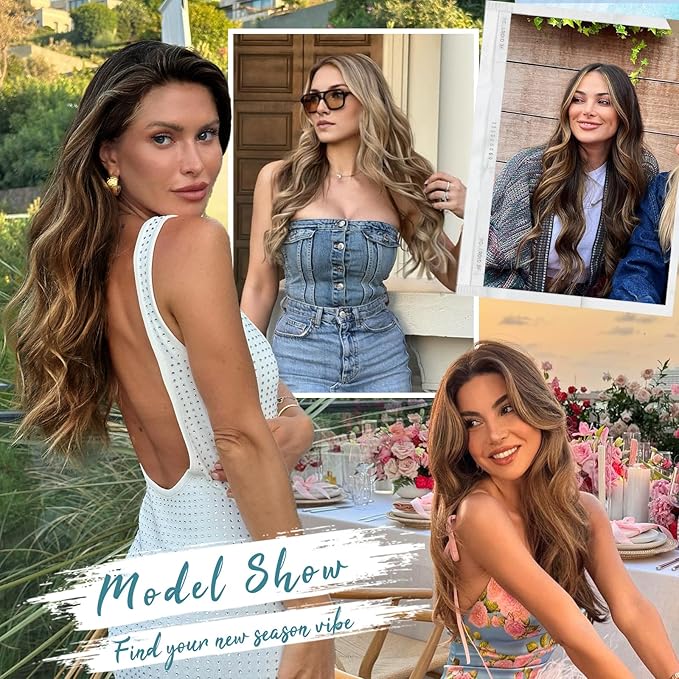 KooKaStyle Hair Extensions Medium Brown mix Caramel Blonde Clip in Synthetic Highlight Hair Extensions Long Wavy 4PCS Thick Hairpieces 20 Inch for Women