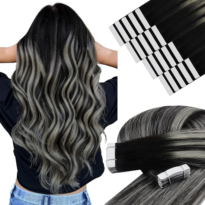 YoungSee Invisible Tape in Hair Extensions Real Human Hair Ombre Black Tape-in Remy Hair Extensions Blend Of Black and Silver Tape on Ombre Hair Extension for Long Straight Hair 24 Inch 50g 20pcs