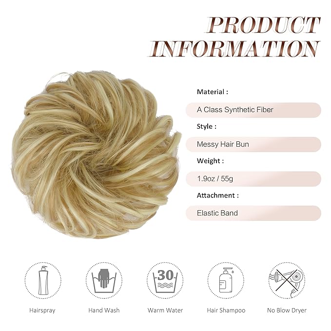 FESHFEN Messy Bun Hair Piece - Large Elastic Wavy Curly Hair Bun Scrunchies Ponytail Extensions Synthetic Chignon Hairpieces for Women, Light Ash Brown & Bleach Blonde 1.94oz