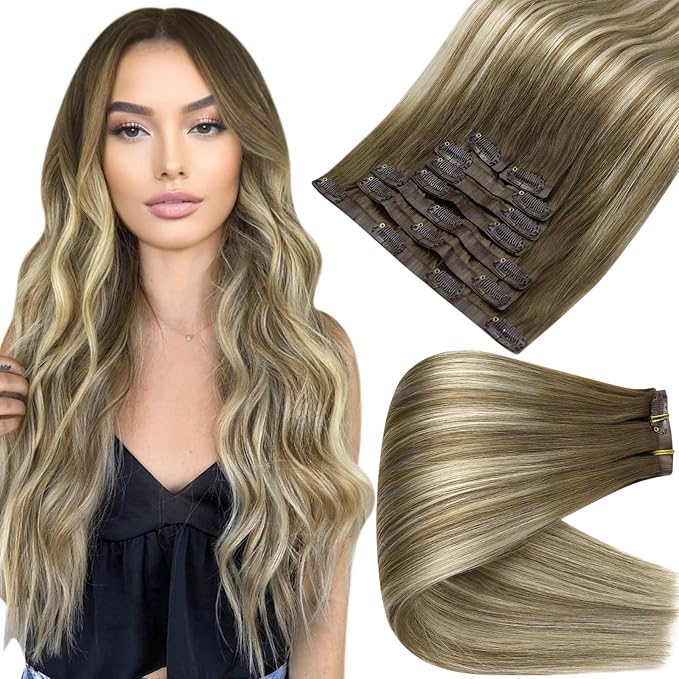 Full Shine Seamless Clip in Hair Extensions Human Hair Brown Balayage Hair Extensions Real Human Hair Brown with Blonde Highlights Softness 18 Inch 8 PCS 120 G