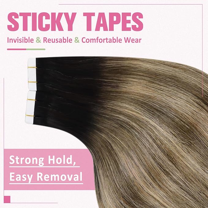YoungSee Tape in Hair Extensions Real Human Hair Balayage Tape in Hair Extensions Black Ombre Brown with Blonde Tape in Extension Remy Hair Short 12In 20pcs 30g for Adding Volume