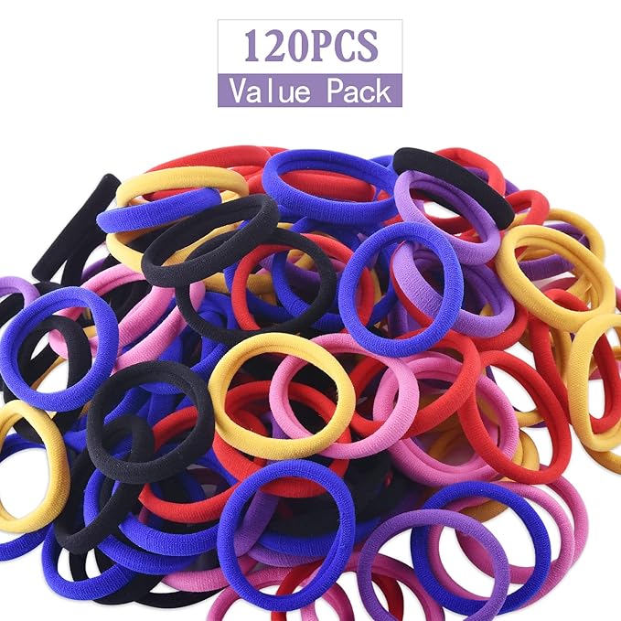 120PCS Multicolour Hair Ties for Women Girl,Black Elastics Hair Ties No Damage Ponytail Holder for Thick/Thin Hair Accessories,Soft Cotton Cloth Seamless Hair Bands